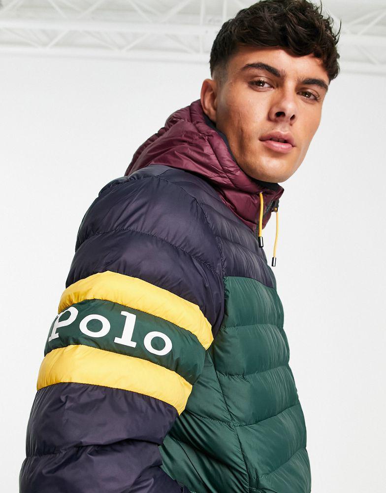 商品Ralph Lauren|Polo Ralph Lauren Terra colourblock lightweight hooded puffer jacket in green multi,价格¥2484,第1张图片