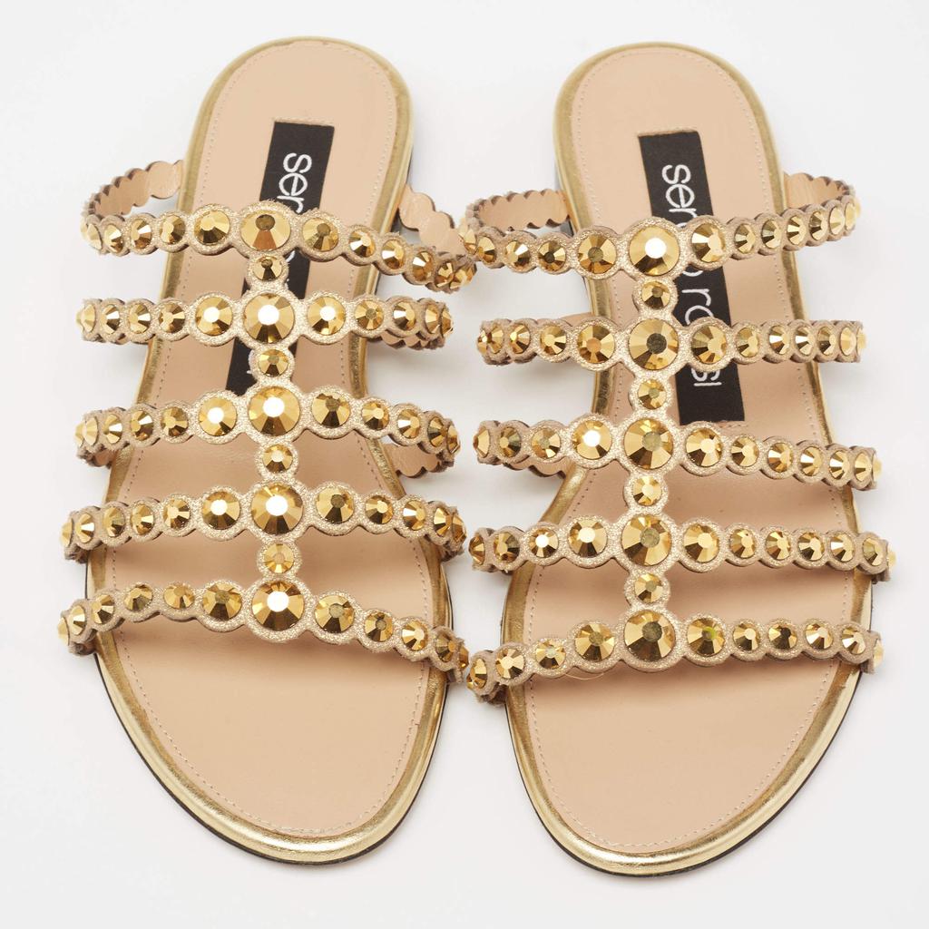 Sergio Rossi Gold Crystal Studded Leather Flat Slides Size 36商品第3张图片规格展示