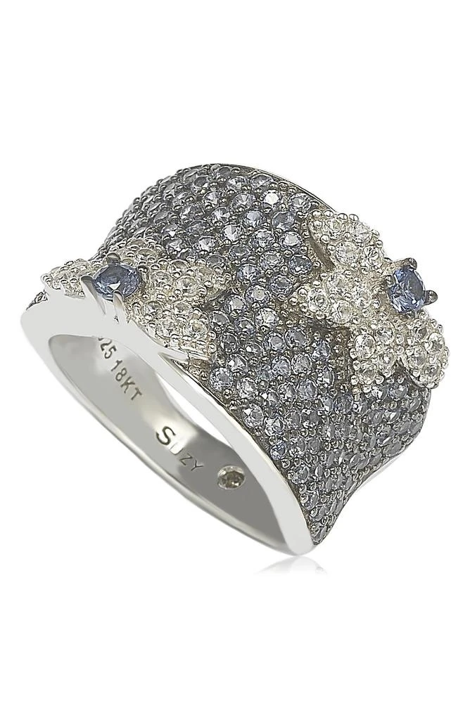 商品Suzy Levian|18K Gold & Sterling Silver Pavé Blue & Created White Sapphire Diamond Accent Floral Band Ring - 0.02 ctw,价格¥2738,第1张图片