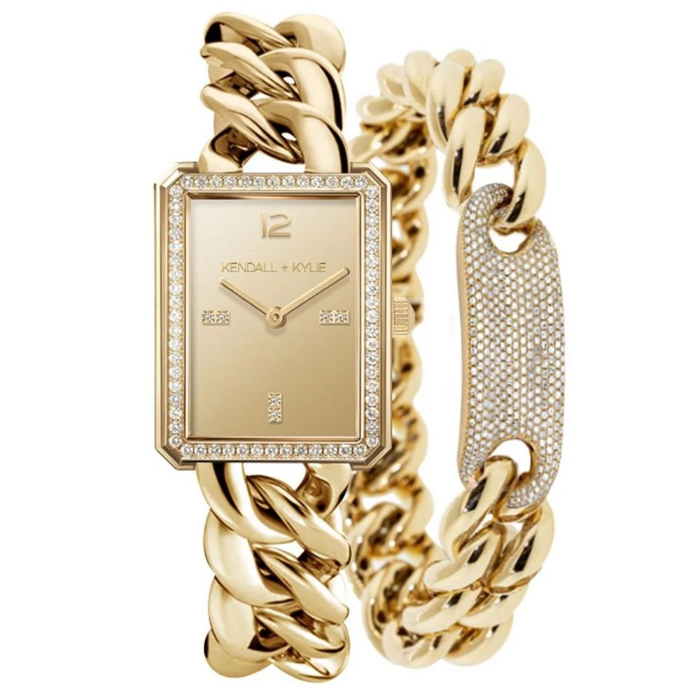 商品KENDALL & KYLIE|Women's Gold Tone Chunky Chain with Rectangle Face Stainless Steel Strap Analog Watch Matching Bracelet Set,价格¥151,第1张图片