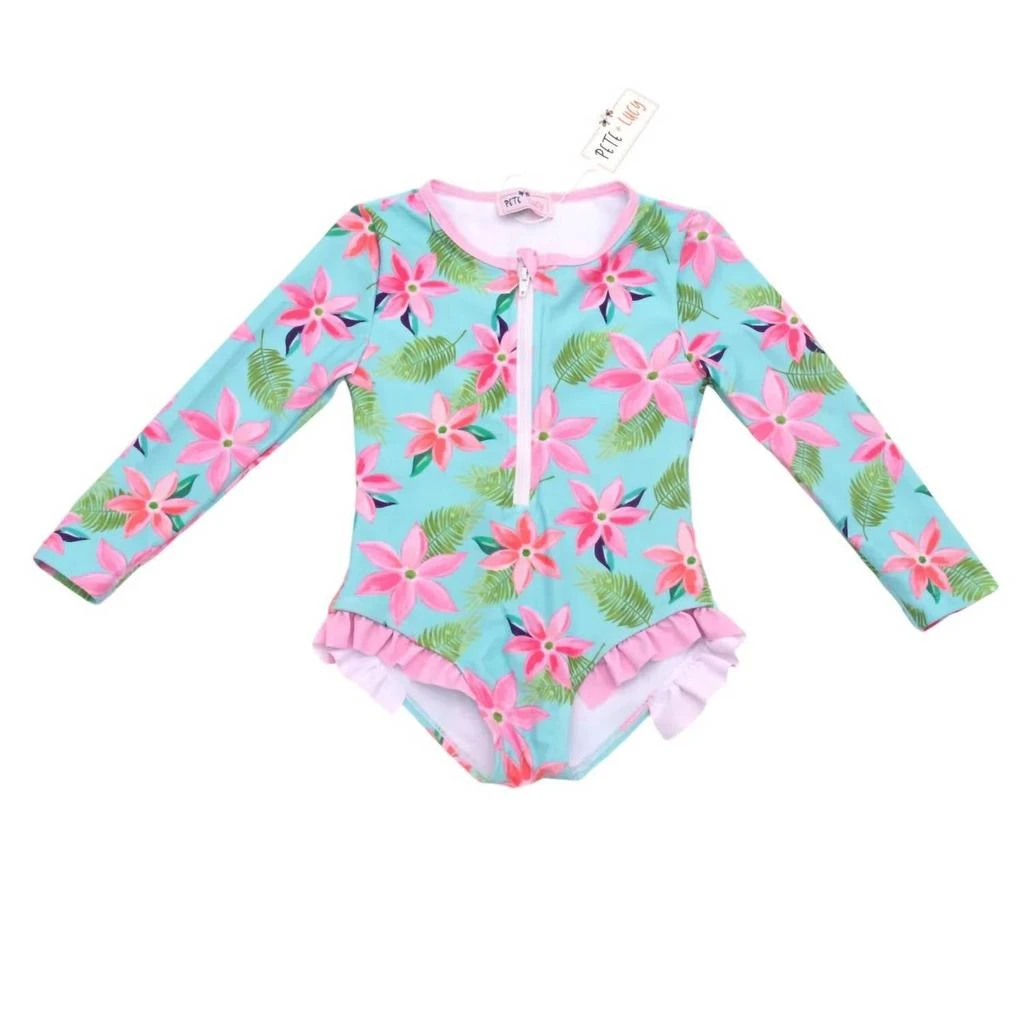 商品Pete + Lucy|Girls One Piece Long Sleeve Zip Swimsuit In Tropical Daze,价格¥255,第1张图片