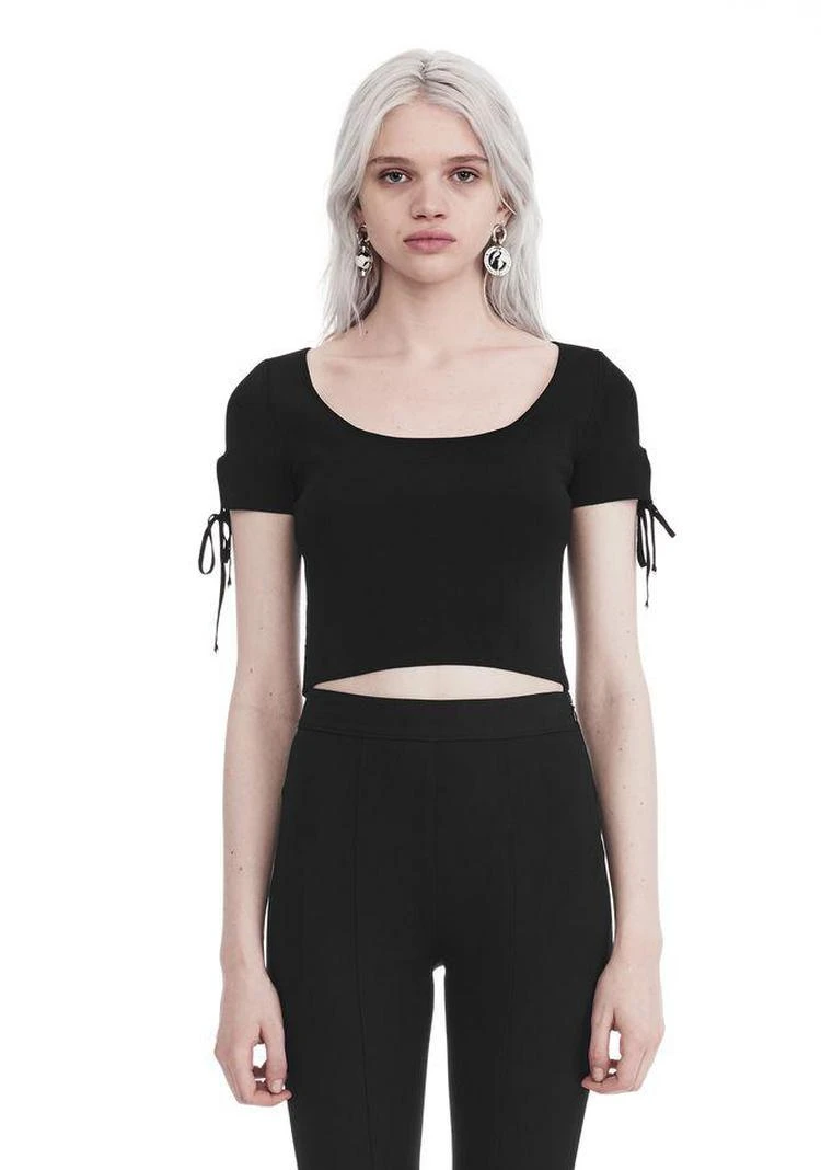 商品Alexander Wang|RIBBED SHORT SLEEVE CROPPED SWEATER WITH TIE DETAIL,价格¥1091,第3张图片详细描述