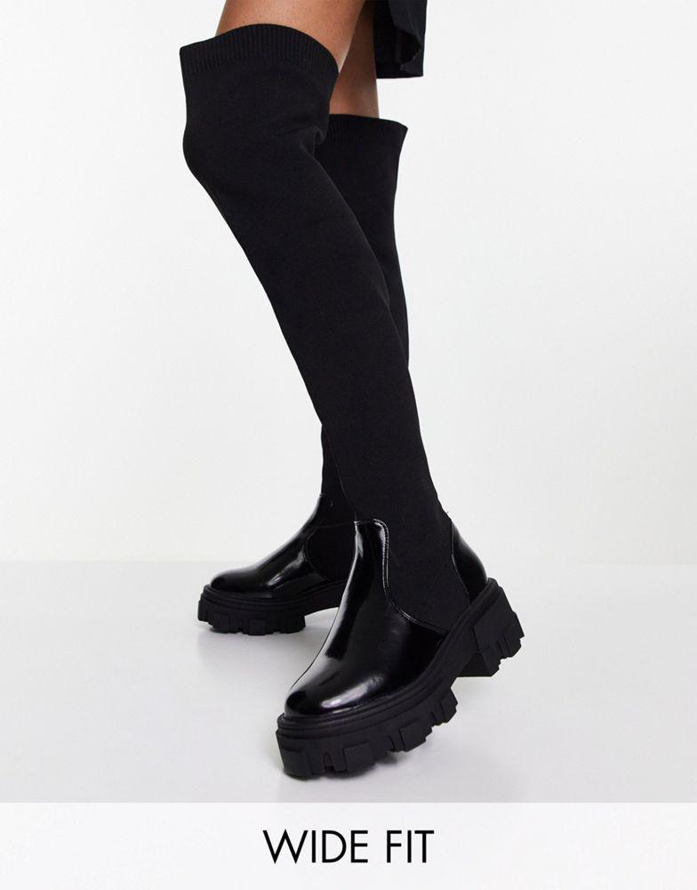 商品ASOS|ASOS DESIGN Wide Fit Kimmy flat chunky over the knee boots in black,价格¥437,第1张图片
