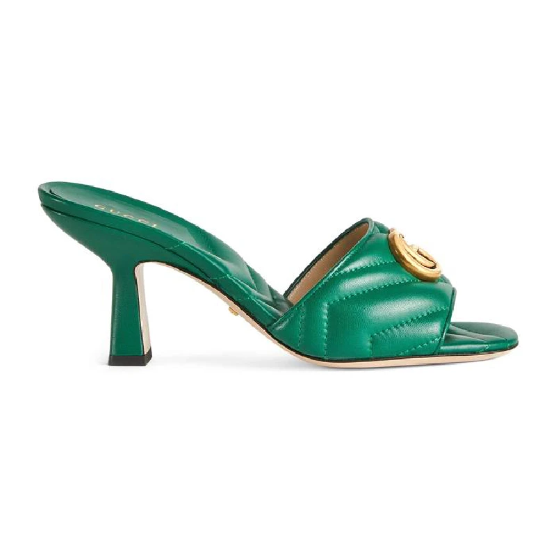 商品Gucci|GUCCI/古驰 女士绿色皮革金属双G高跟拖鞋8cm,价格¥1537,第1张图片