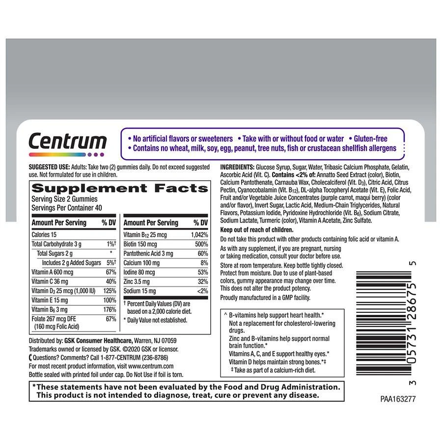 商品Centrum|Women 50+, Multivitamin & Multimineral Gummies Assorted Fruit,价格¥126,第3张图片详细描述