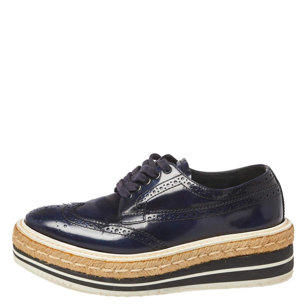 Prada Blue Brogue Leather Derby Lace Up Espadrille Sneakers Size 35.5商品第2张图片规格展示