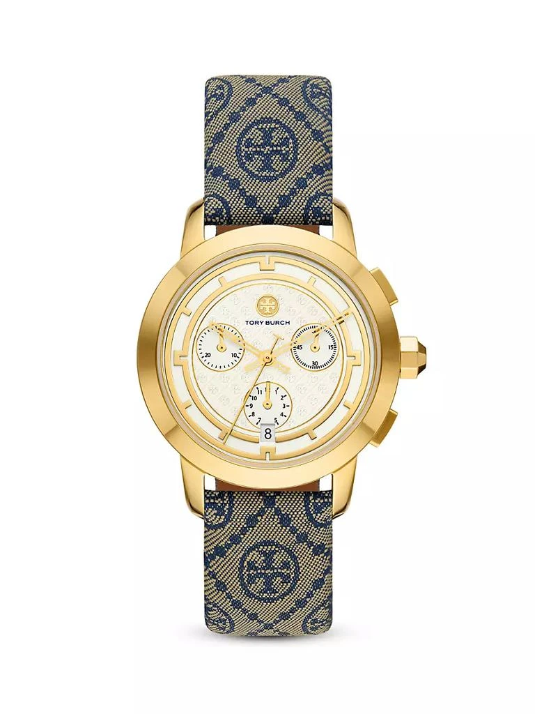 商品Tory Burch|The Tory Goldtone, Jacquard &amp; Leather Strap Watch/37MM,价格¥2448,第1张图片