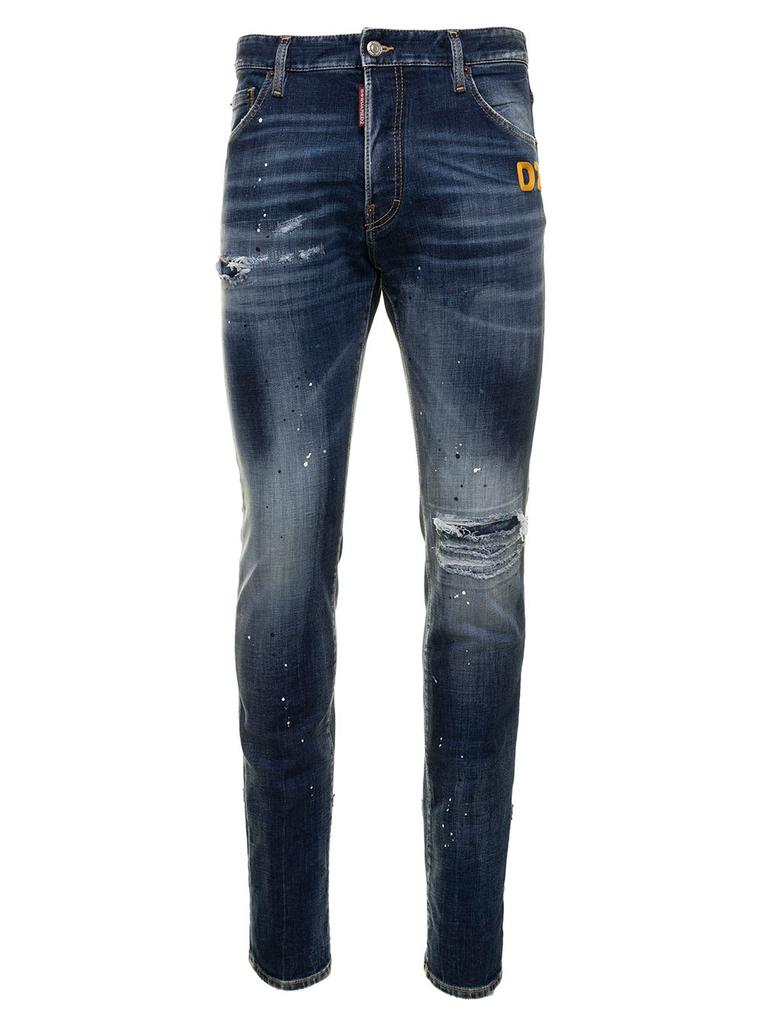 Blue Stretch Denim Jeans With Destroyed Detailing And Paint Stains In Cotton Man Dsquared2商品第1张图片规格展示