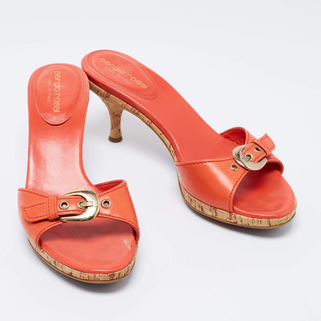 Sergio Rossi Orange Leather Buckle Detail Cork Heel Slide Sandals Size 36.5商品第4张图片规格展示