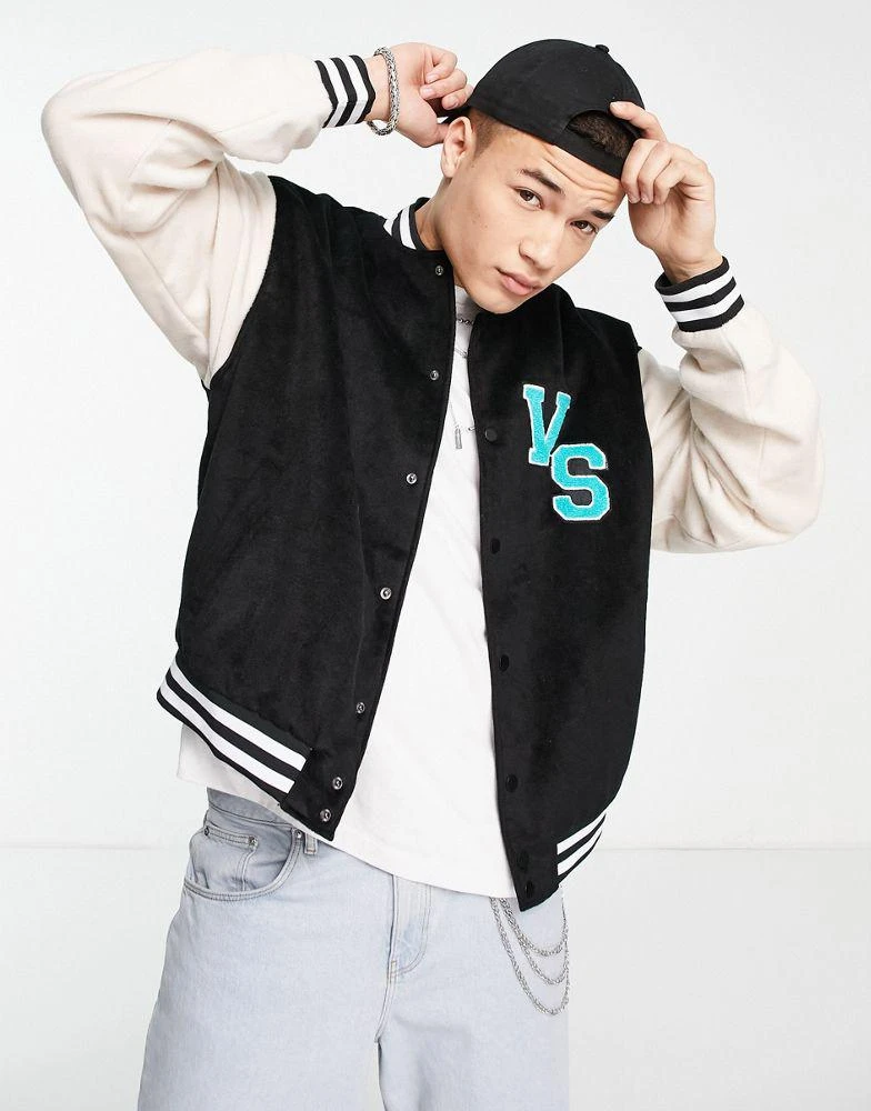 商品Vintage Supply|Vintage Supply varsity baseball jacket in black and cream with logo embroidery,价格¥428,第1张图片