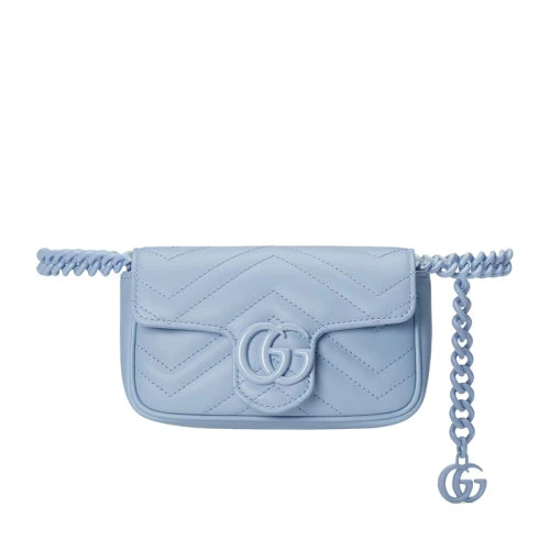 GUCCI/古驰 22春夏新款GG Marmont系列 女士浅蓝色V型绗缝皮革双G扣翻盖单肩斜挎包腰包‎699757UM8KV4928 商品