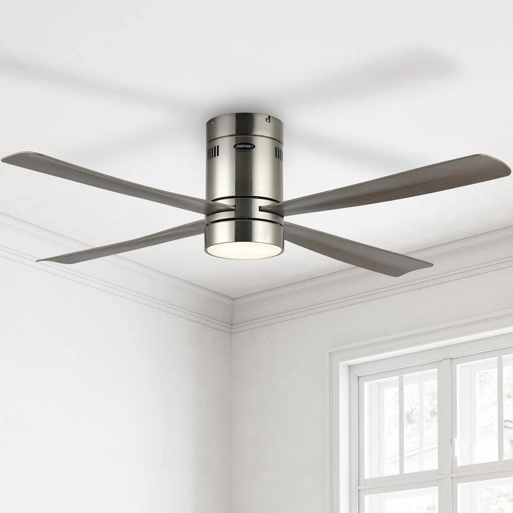 商品JONATHAN Y|Theo 52" 1-Light Contemporary Minimalist Iron/Acrylic Mobile-App/Remote-Controlled 6-Speed Integrated LED Ceiling Fan, Nickel/Gray Wood Finish,价格¥2851,第2张图片详细描述