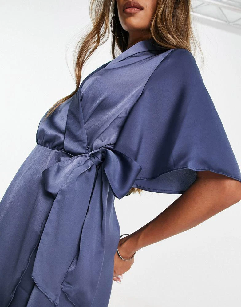 商品VERO MODA|Vero Moda short sleeve satin wrap midi dress in dark blue,价格¥177,第3张图片详细描述