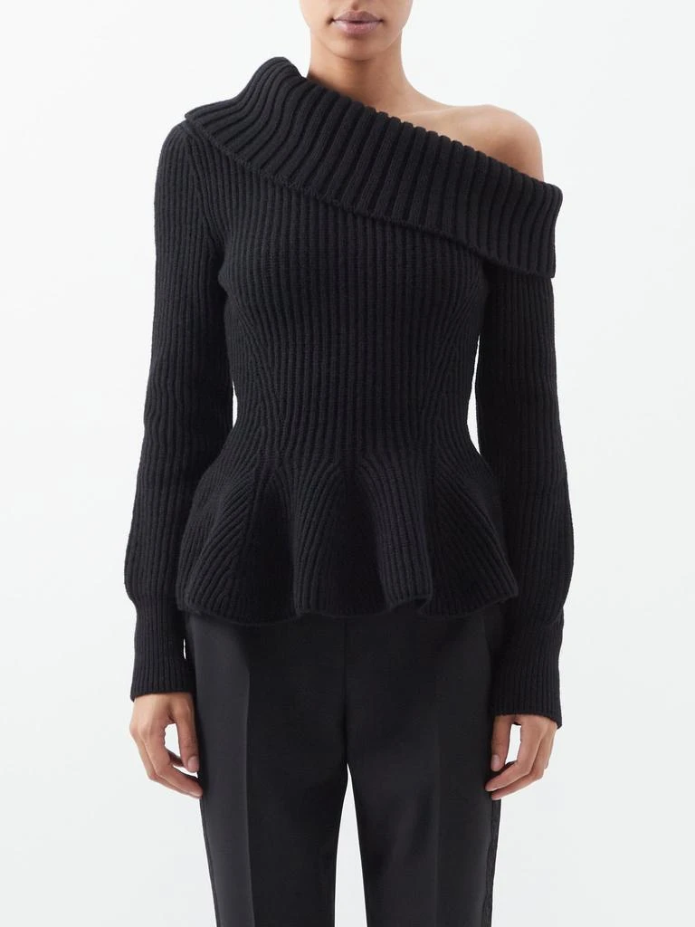 商品Alexander McQueen|Off-the-shoulder rib-knit cashmere-blend sweater,价格¥8172,第1张图片