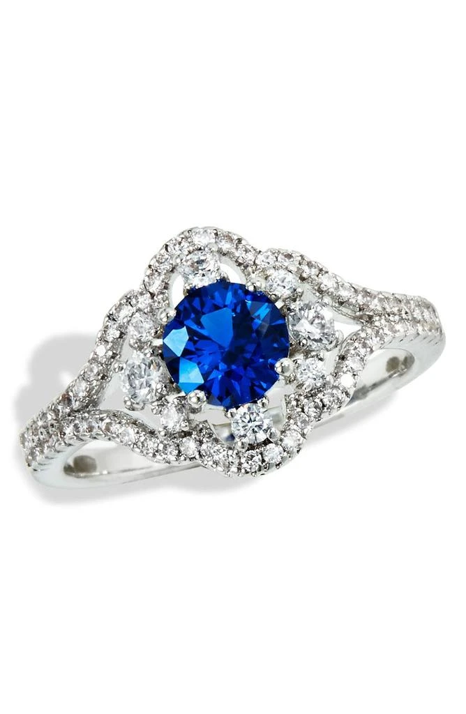 商品Savvy Cie Jewels|Rhodium Plated Lab Created Sapphire Halo Ring,价格¥248,第1张图片