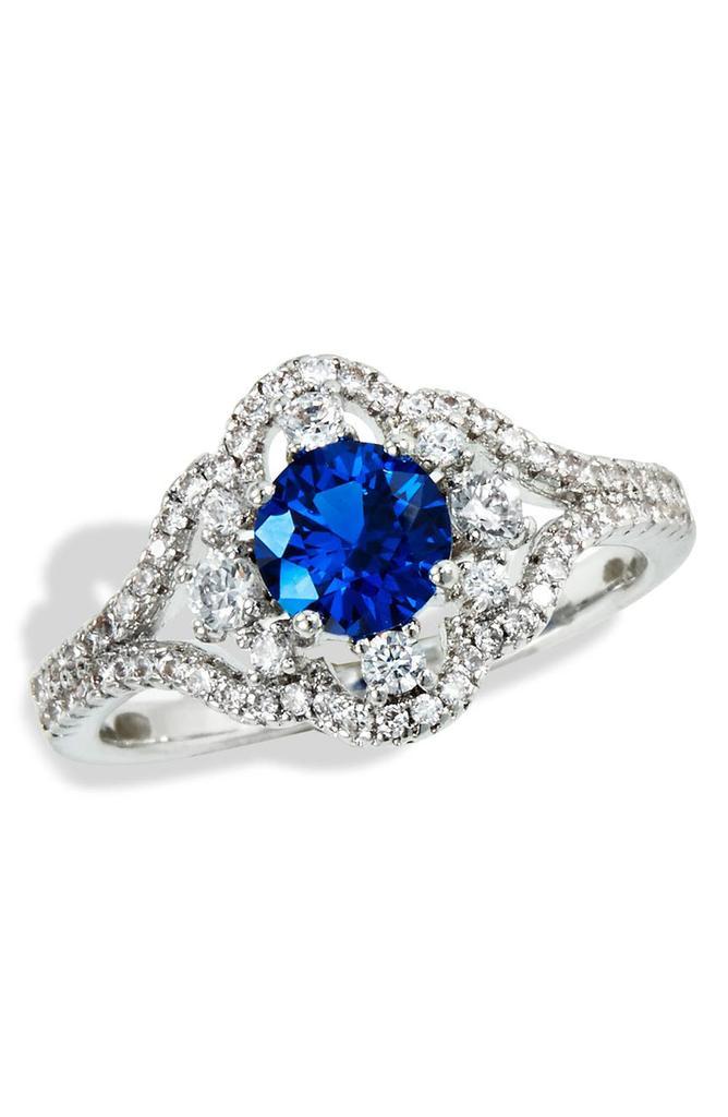 商品Savvy Cie Jewels|Rhodium Plated Lab Created Sapphire Halo Ring,价格¥247,第1张图片