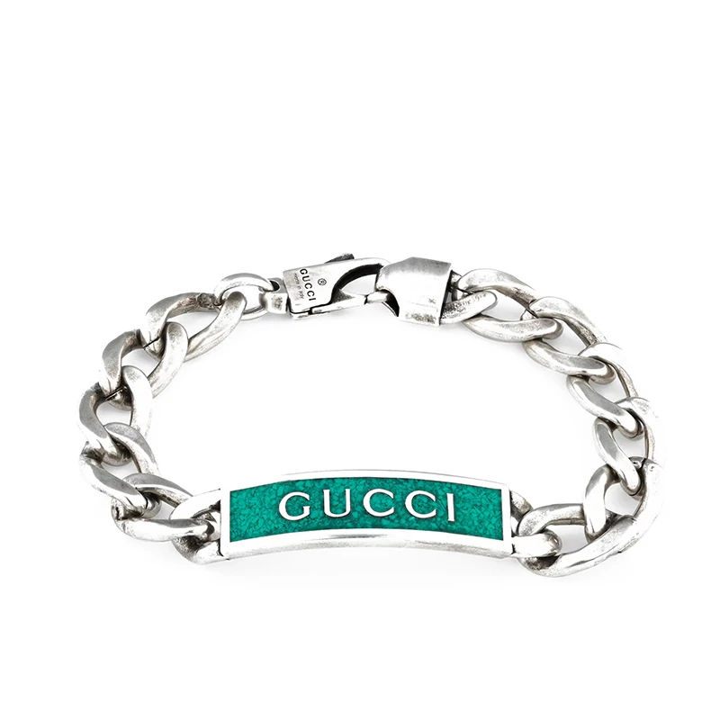 商品Gucci|GUCCI/古驰 925纯银孔雀绿珐琅马衔索链徽标手链678712J84108183,价格¥1541,第1张图片