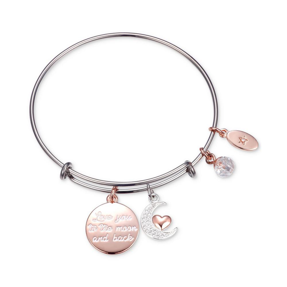 "Love You to the Moon" Multi-Charm Adjustable Bangle Bracelet in Stainless Steel with Silver Plated Charms商品第1张图片规格展示
