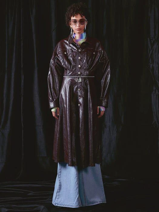商品HOLY NUMBER 7|VEGAN LEATHER LONG ONE-PIECE ZIPPER JACKET BROWN,价格¥2953,第1张图片