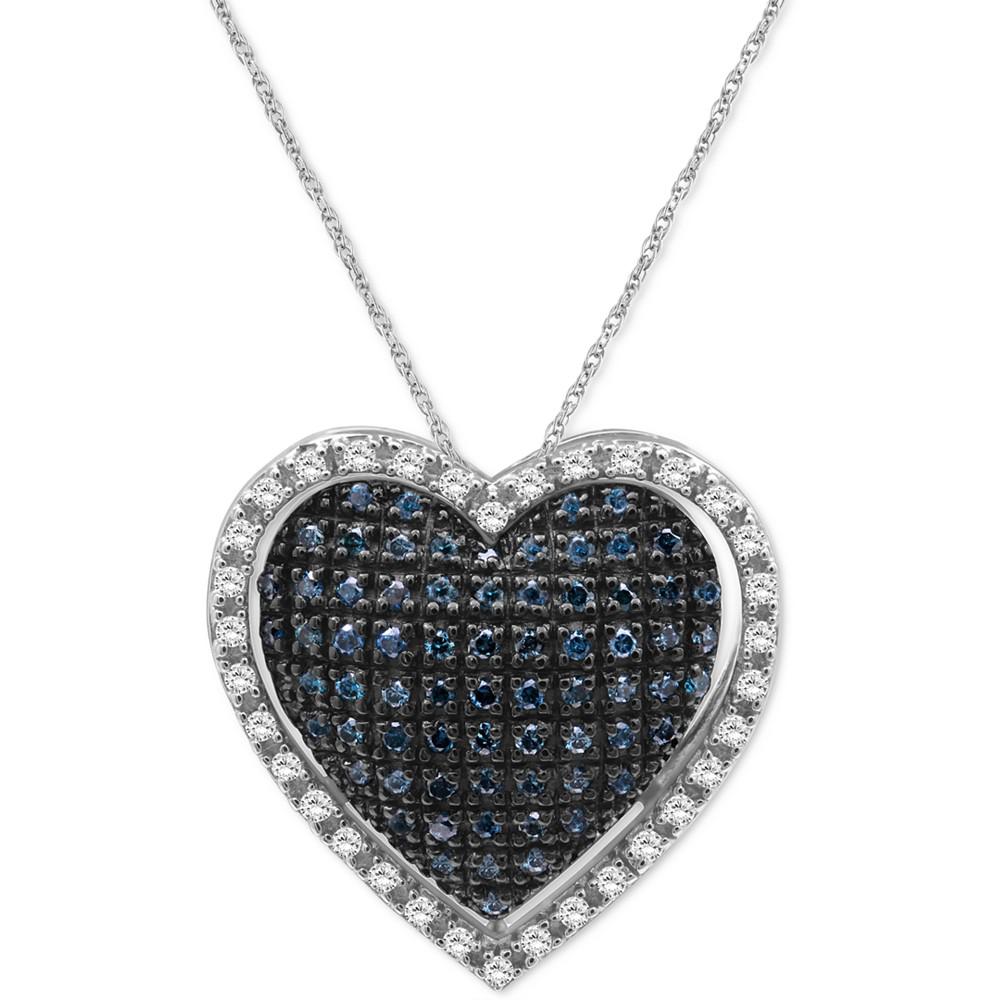 Blue Diamond (5/8 ct. t.w.) & White Diamond (3/8 ct. t.w.) Heart Halo 18" Pendant Necklace in Sterling Silver商品第1张图片规格展示