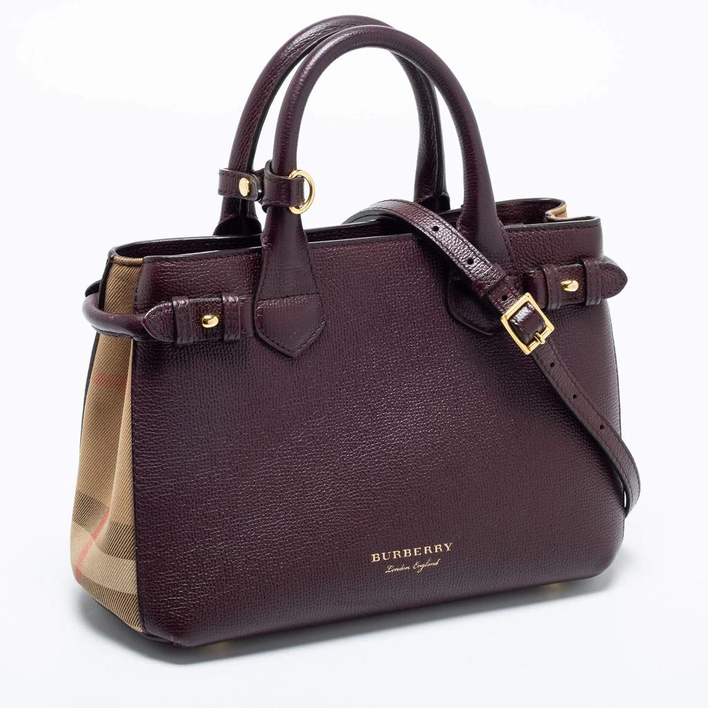 商品[二手商品] Burberry|Burberry Burgundy/Beige Leather and House Check Canvas Small Banner Tote,价格¥5424,第3张图片详细描述