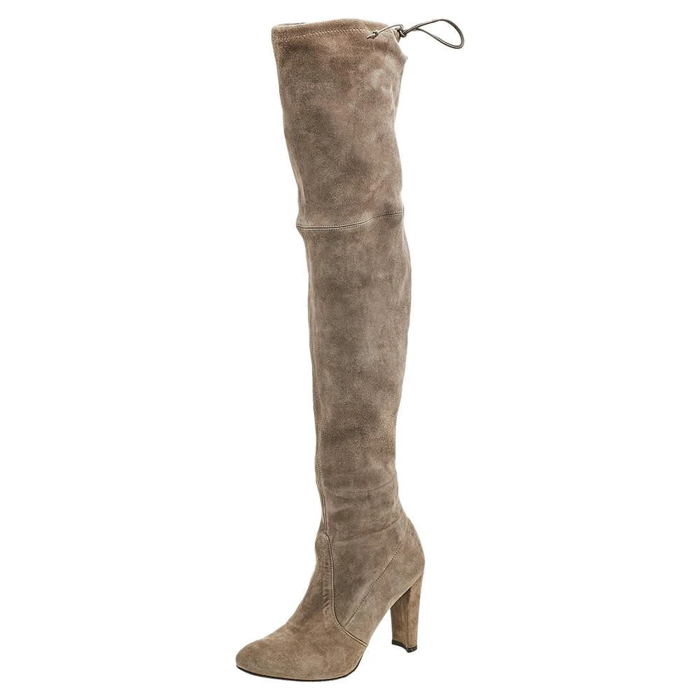商品[二手商品] Stuart Weitzman|Stuart Weitzman Khaki Grey Suede Tie Land Over The Knee Block Heel Boots Size 36.5,价格¥1167,第1张图片