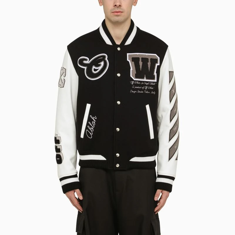 商品Off-White|Black and white wool and leather varsity jacket,价格¥9450,第1张图片