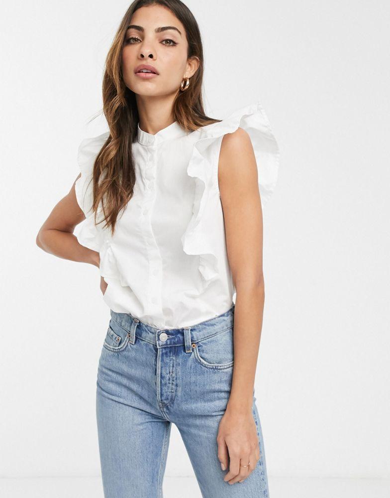商品ASOS|ASOS DESIGN sleeveless shirt with frill detail in cotton in white,价格¥135,第1张图片