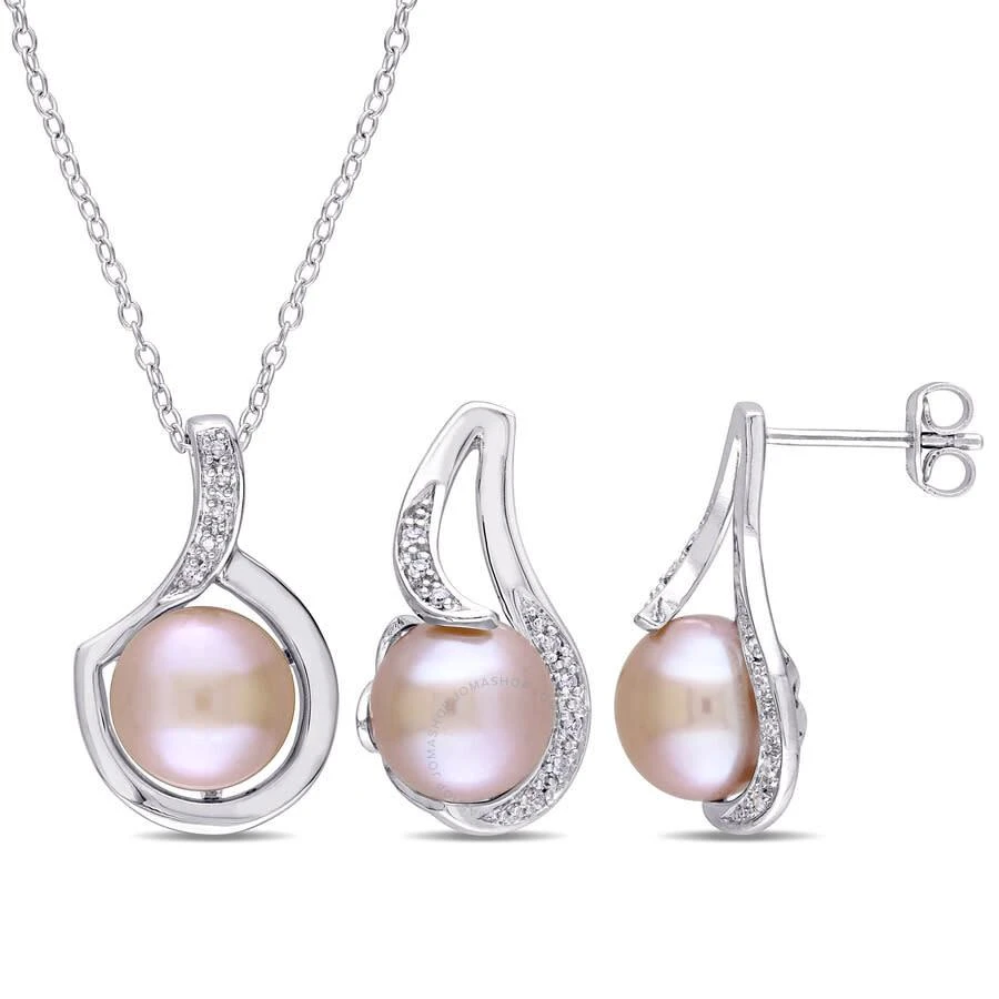 商品Amour|2-piece Set Of 9 - 9.5 Mm Pink Cultured Freshwater Pearl and 1/10 CT TW Diamond Halo Earrings and Pendant with Chain In Sterling Silver,价格¥817,第1张图片