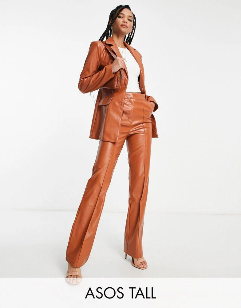 商品ASOS|ASOS DESIGN Tall leather look straight trouser in rust brown,价格¥102,第1张图片