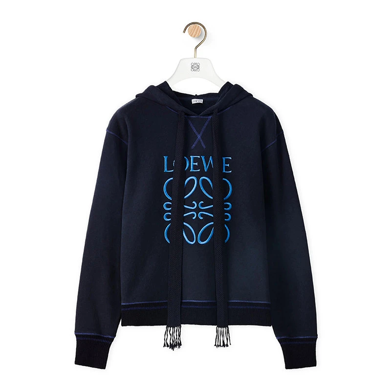 商品Loewe|【预售3-7天】LOEWE/罗意威 22年春夏新款 女士海军蓝色醋酸面料Logo刺绣连帽衫卫衣S359341XAQ-5110,价格¥5673,第4张图片详细描述