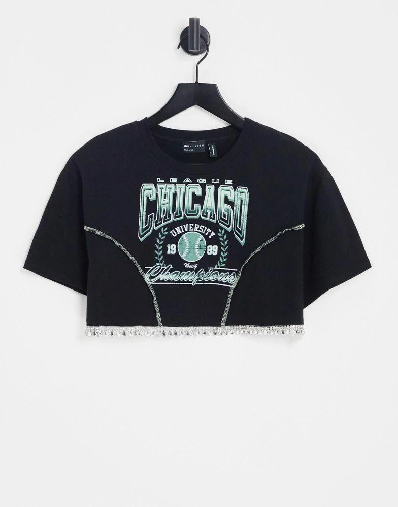 商品ASOS|ASOS DESIGN graphic Chicago varsity tee with diamante hem in black,价格¥332,第1张图片