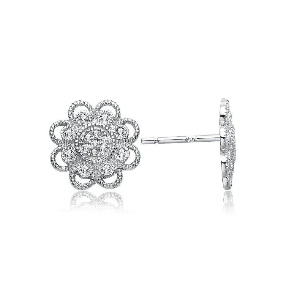 商品Genevive|Sterling Silver Cubic Zirconia White Gold Plated  Round Lace Design Earrings,价格¥536,第2张图片详细描述