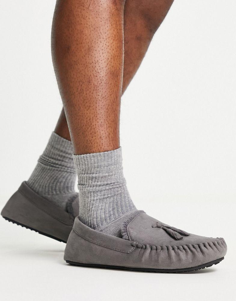 ASOS DESIGN moccasin slippers in grey with faux fur lining商品第3张图片规格展示
