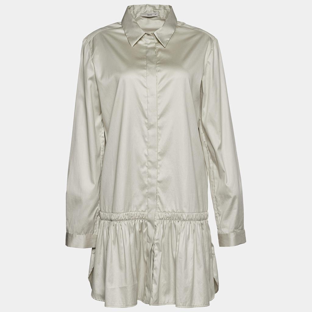 Prada Beige Cotton Gathered Hem Mini Shirt Dress L商品第1张图片规格展示