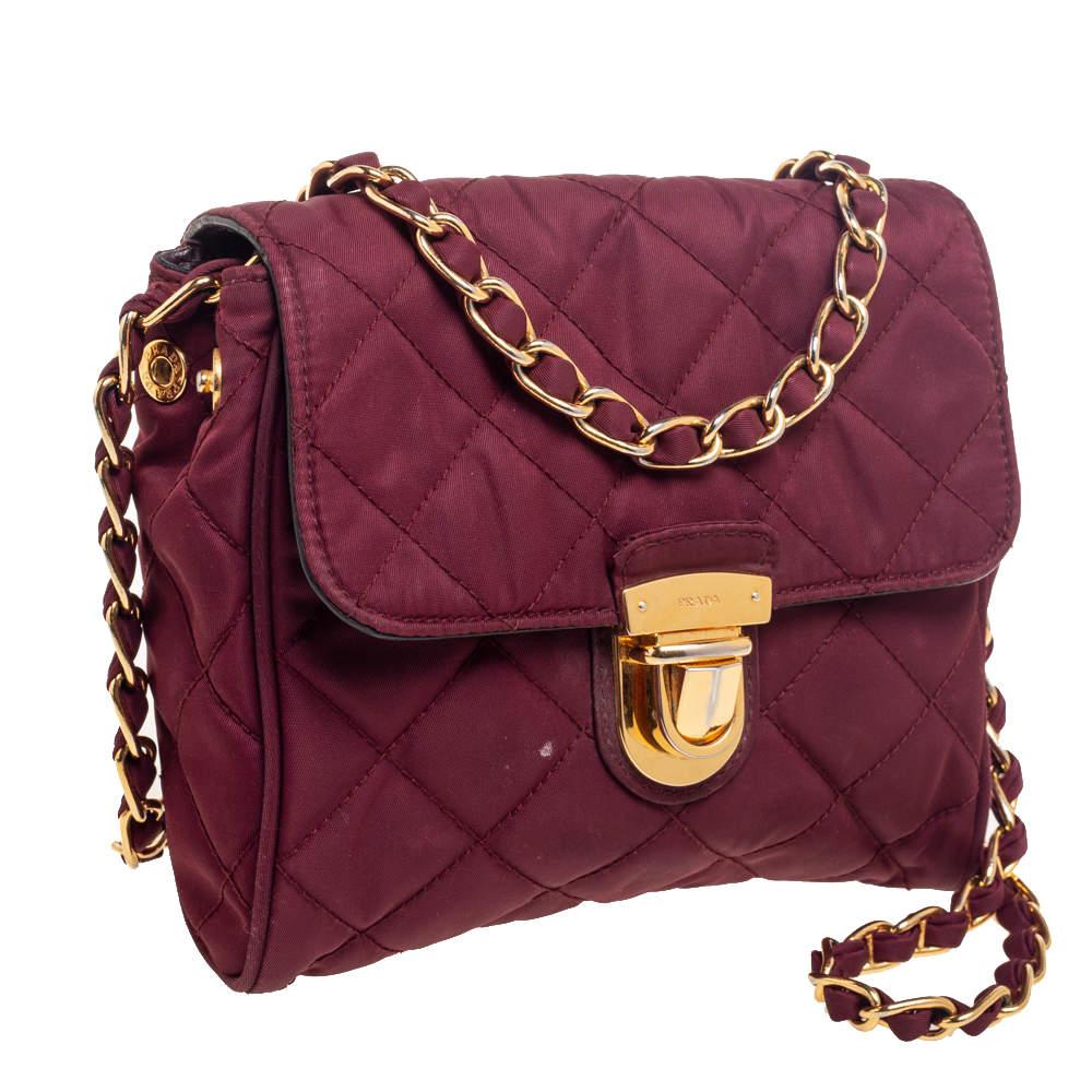 Prada Burgundy Quilted Satin Flap Chain Shoulder Bag商品第3张图片规格展示