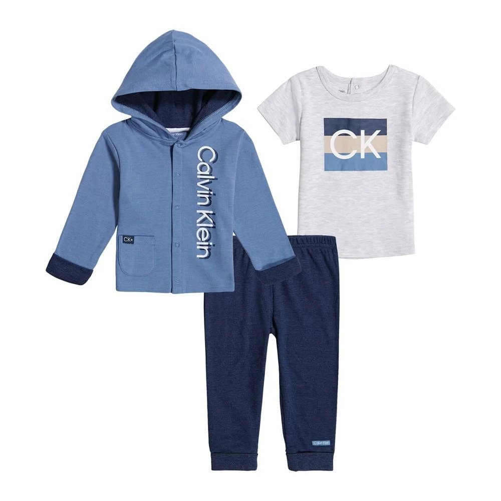 商品Calvin Klein|Baby Boys Hooded Cardigan, T Shirt and Joggers, 3 Piece Set,价格¥216,第1张图片