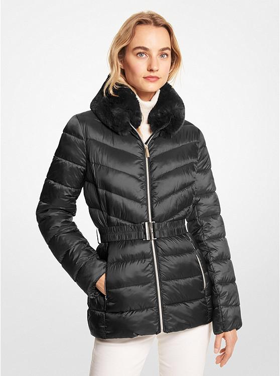 Faux Fur Trim Quilted Nylon Packable Puffer Jacket商品第1张图片规格展示