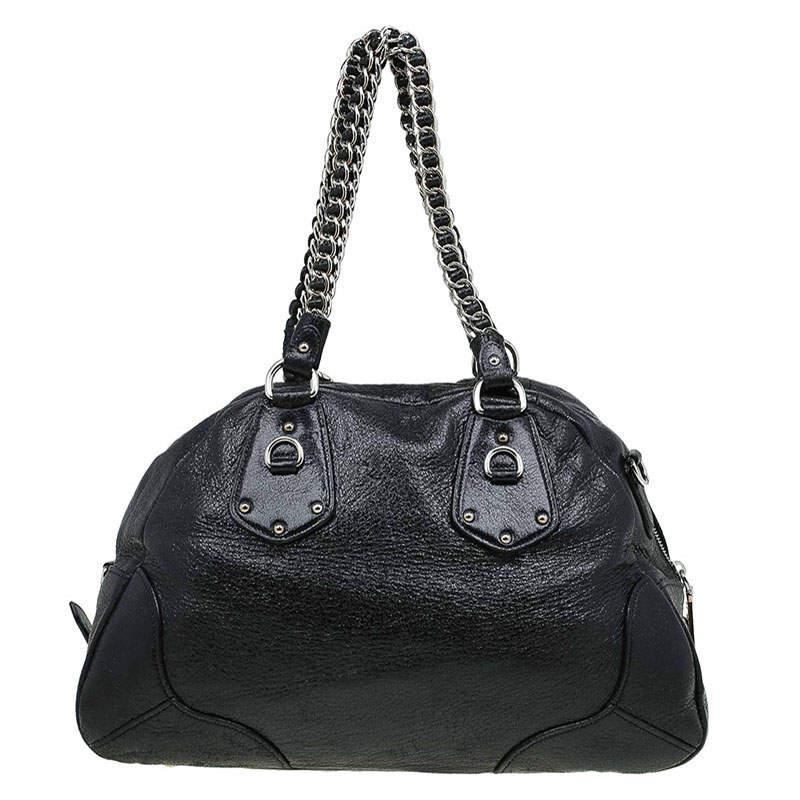 Prada Black Cervo Lux Leather Chain Bowling Bag at 1stDibs