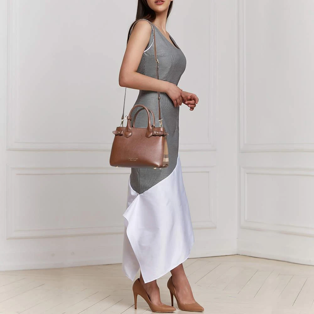 商品[二手商品] Burberry|Burberry Brown Leather and House Check Fabric Small Banner Tote,价格¥5787,第2张图片详细描述