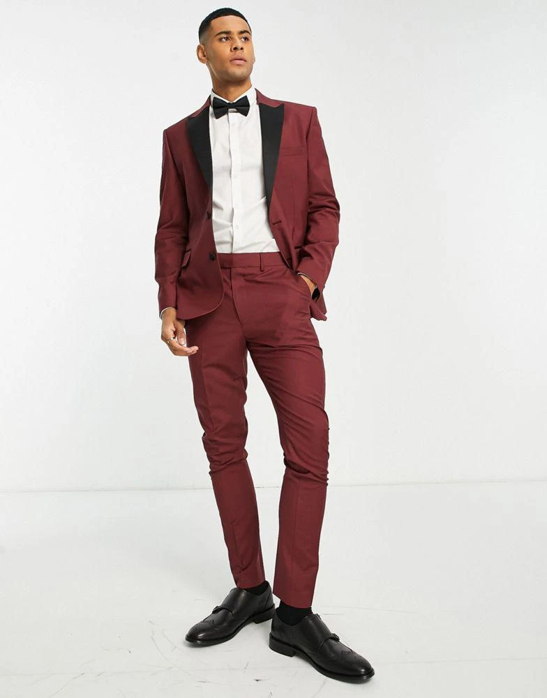 商品ASOS|ASOS DESIGN skinny tuxedo suit trousers in burgundy,价格¥193,第2张图片详细描述