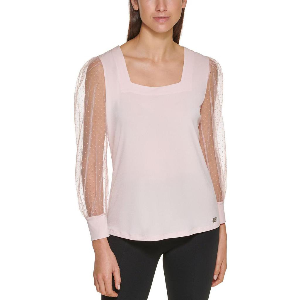 Calvin Klein Womens Sheer Sleeves Square Neck Pullover Top商品第1张图片规格展示