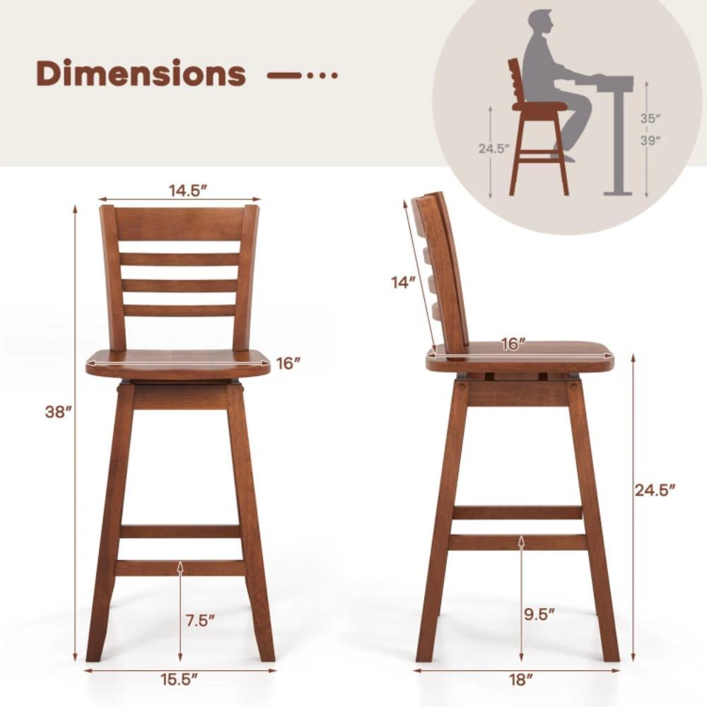 商品Hivvago|Counter Height Barstools Set of 2 with Footrest for Kitchen Island Bar-Walnut,价格¥1684,第5张图片详细描述
