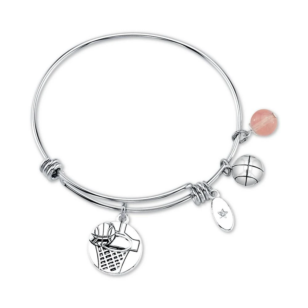 商品Unwritten|Basketball Charm and Cherry Quartz (8mm) Adjustable Bangle Bracelet in Stainless Steel,价格¥149,第1张图片