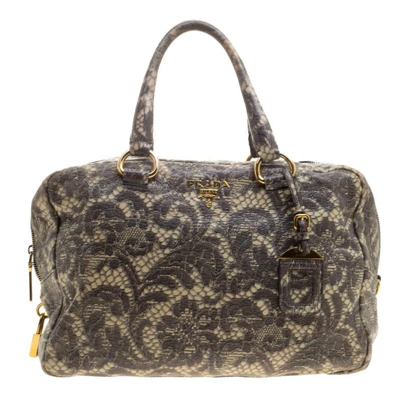 商品[二手商品] Prada|Prada Beige Talco Lace Print Cervo Leather Bowling Bag,价格¥4944,第1张图片