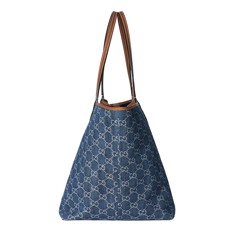 商品Gucci|Gucci古驰25新款 女士中号蓝色牛仔布GG标识皮革饰边手提包,价格¥14429,第5张图片详细描述