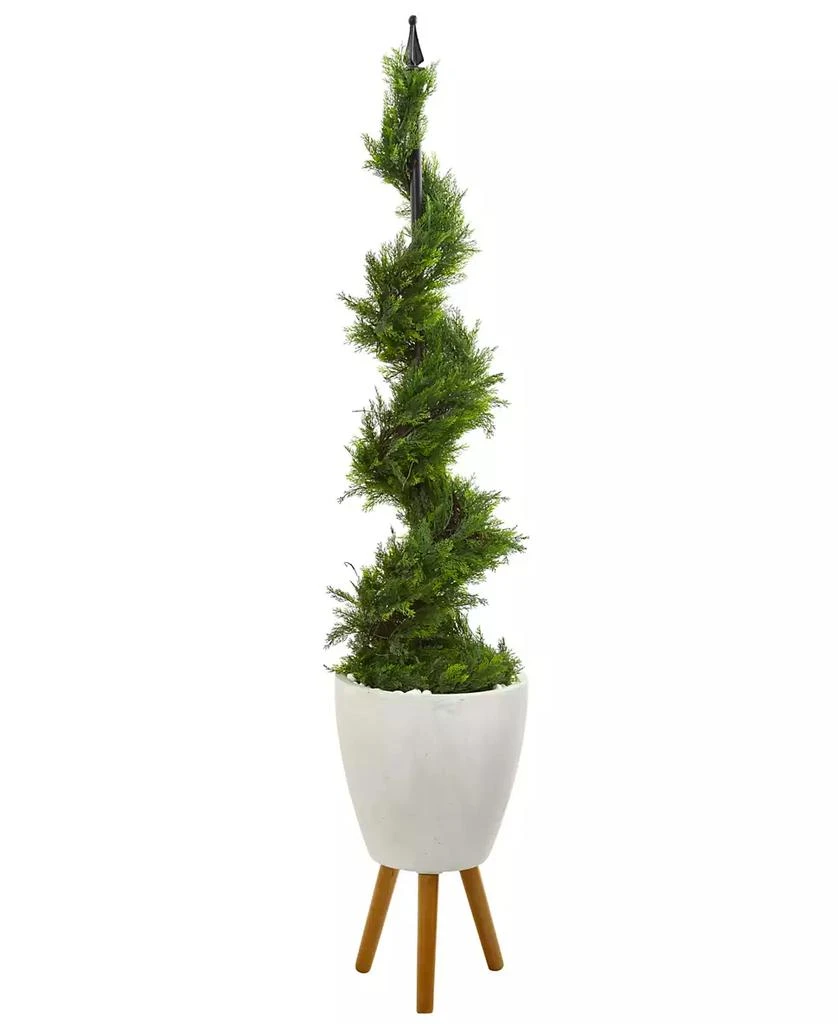 商品NEARLY NATURAL|6ft. Cypress Artificial Spiral Topiary Tree in White Planter with Stand,价格¥3013,第1张图片