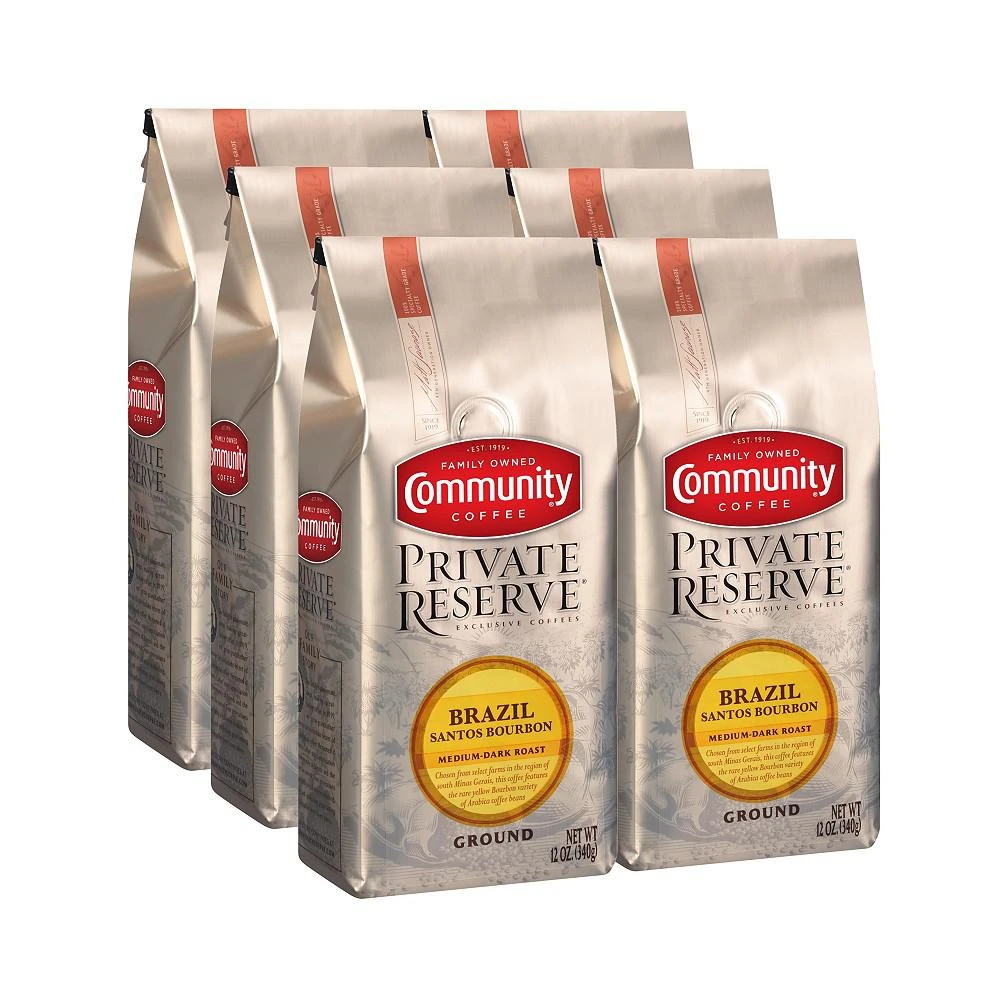 商品Community Coffee|Private Reserve Brazil Santos Medium-Dark Roast Specialty-Grade Ground Coffee, 12 Oz - 6 Pack,价格¥651,第1张图片