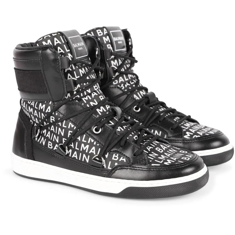 商品Balmain|Monogram all over lace up high top sneakers in black and white,价格¥3901,第1张图片