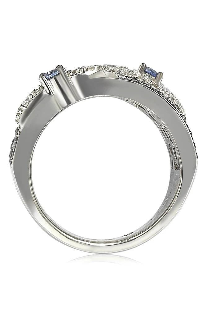 商品Suzy Levian|18K Gold & Sterling Silver Pavé Blue & Created White Sapphire Diamond Accent Floral Band Ring - 0.02 ctw,价格¥2738,第5张图片详细描述